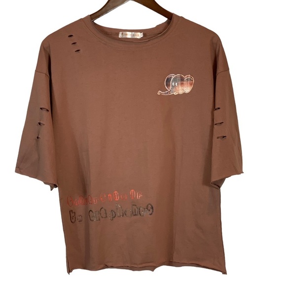 South Korea Design Tops - South Korean Brown Elephant T-Shirt Unfinished Hems and Sleeve Cutouts - Large